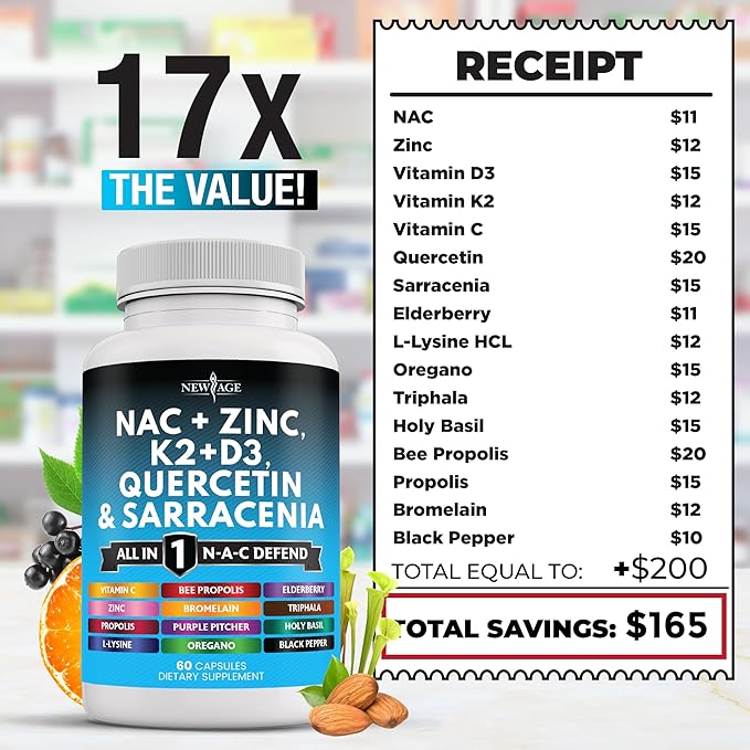 NEW AGE NAC Supplement N-Acetyl Cysteine- with Vitamin D3 K2 Zinc Quercetin Triphala Sarracenia Purpurea Elderberry Holy Basil Bee Propolis Bromelain L-Lysine - 60 Count