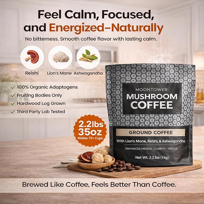 Moontower Adaptogen Mushroom Coffee Ground - Organic Mushroom Coffee with Lion's Mane Reishi &amp Ashwagandha Medium Roast Nicaraguan Beans for Focus &amp Clarity Energizing Balanced Brew - 35 oz