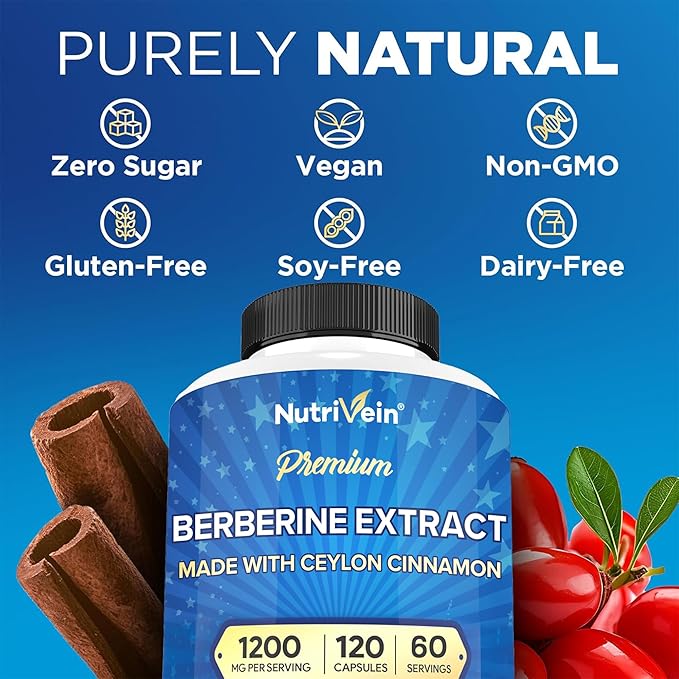 Nutrivein Premium Berberine 1200 mg with Ceylon Cinnamon - 120 Capsules: High-Absorption Berberine Supplement for Defenses Digestion &amp Metabolism