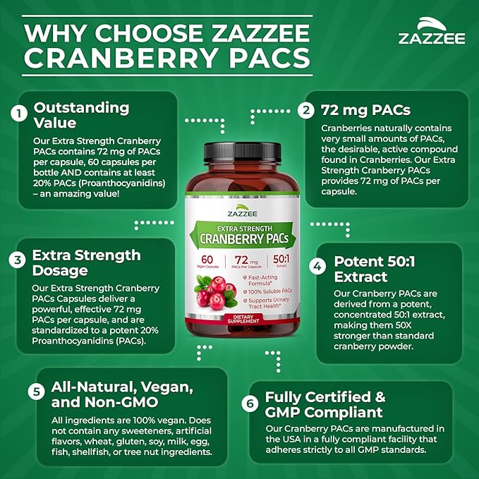 Zazzee Cranberry PACs 72 mg per Capsule 50:1 Extract 60 Vegan Capsules 2X Strength 2 Month Supply Fast-Acting Effective Urinary Tract &amp Bladder Support 100% Soluble PACs Made in the USA