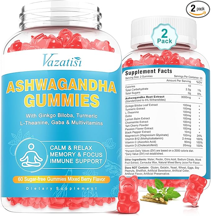 2 Pack Ashwagandha Gummies with Turmeric GABA Mood Energy and Immune Support Mixed Berry Flavor 120 Cts
