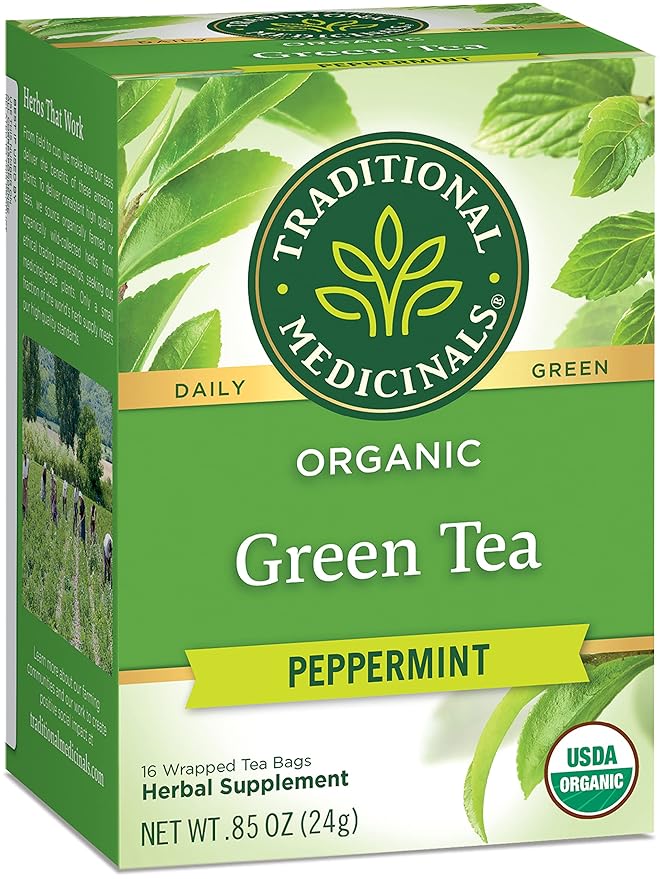 Traditional Medicinals Organic Green Tea Peppermint Herbal Tea Alleviates Digestive Discomfort (Pack of 3) - 48 Tea Bags Total