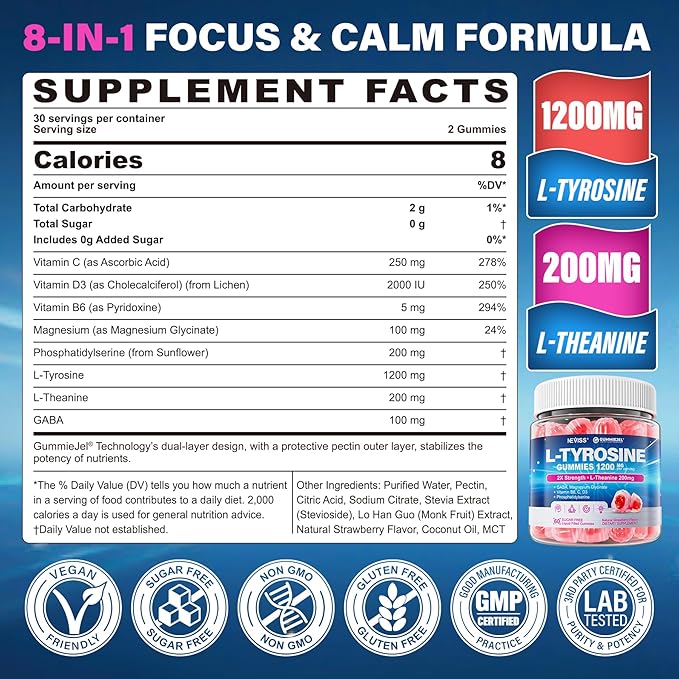 L Tyrosine Gummies Supplement 1200mg GABA L-Theanine Supplement 200mg with Magnesium Glycinate Vitamin B6 D3 &amp C - Calm &amp Focus Gummies - Brain Supplements for Memory Mood &amp Relax for A