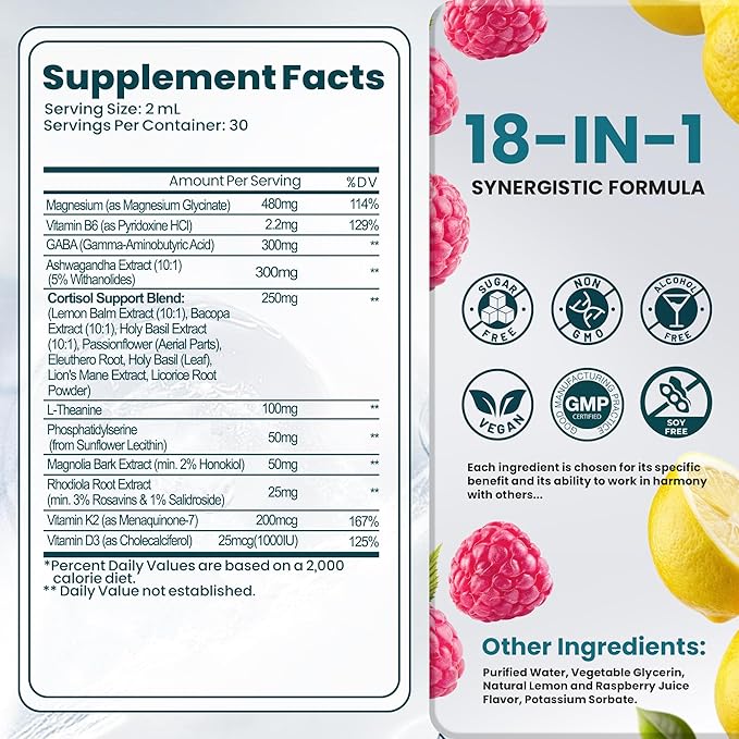 Cortisol Supplements for Women &amp Men 18 in 1 Stress &amp Mood Support Drops with Magnesium 480mg GABA Ashwagandha L-Theanine &amp Phosphatidylserine for Relaxation &amp Sleep Lemon Raspbe