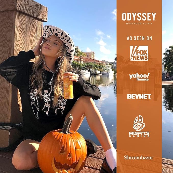Odyssey Elixir Sparkling Adaptogen Drink Low Calorie Drinks with L Theanine Lions Mane Cordyceps and Green Tea Caffeine for Energy and Focus Non-GMO Vegan12 Fl oz 4 Pack (Orange Ginger)