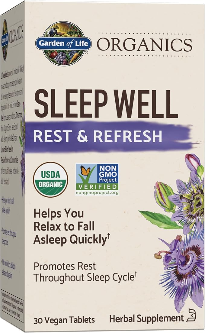 Garden of Life Organics Sleep Well Rest &amp Refresh 30 Tablets Lemon Balm Green Tea Extract L-Theanine Valerian Root Chamomile Probiotics-Organic Non-GMO Vegan Gluten Free Herbal Supplement