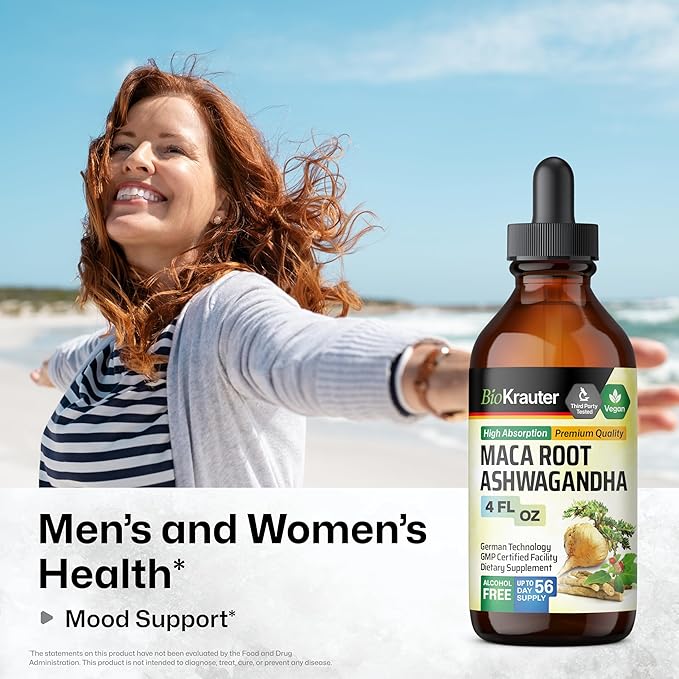 BIO KRAUTER Maca Root and Ashwagandha Tincture - Maca &amp Ashwagandha Supplements for Men &amp Women - Adaptogenic Liquid Supplement for Mood Support - Alcohol and Sugar Free Vegan Drops 4 Fl.Oz.