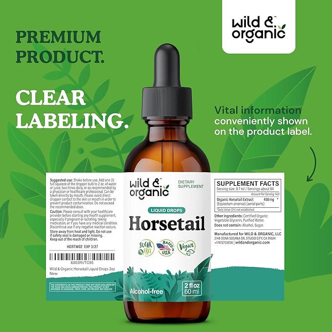 Wild &amp Organic Horsetail Extract Drops - Hair Skin Nails Support - Liquid Horsetail Supplement - Herb Powder Based Tincture - Vegan Sugar &amp Alcohol-Free - 2 fl oz