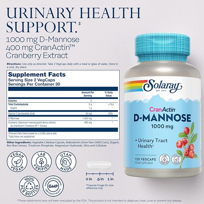 SOLARAY D-Mannose 1000mg with CranActin Cranberry Supplement 400mg Urinary Tract Health &amp Bladder Support Capsules with Vitamin C Vegan 60 Day Guarantee 60 Servings 120 VegCaps (120 CT)