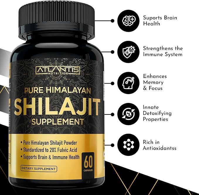 Atlantis Nutrition Himalayan Shilajit Capsules Formulated with 20% Fulvic Acid | 1000MG Per Serving — 10:1 Extract | USA Made | Himalayan Shilajit Supplement for Men &amp Women | 120 Capsules