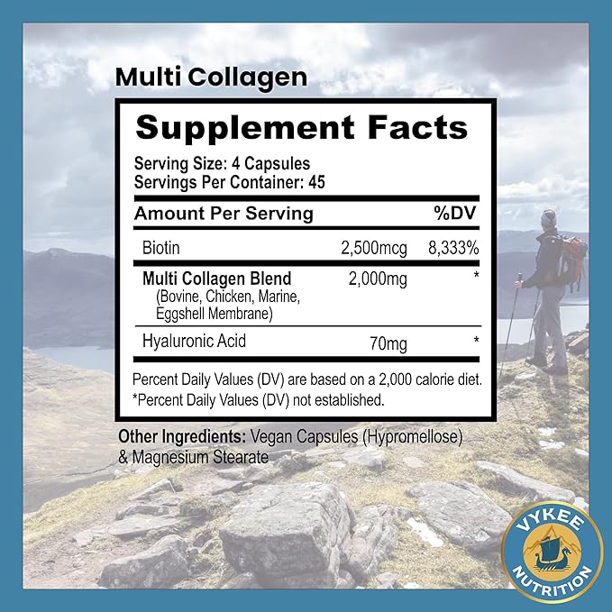Vykee Nutrition Multi Collagen + Biotin &amp Hyaluronic Acid – 2000mg Beauty &amp Joint Support | Hair Skin Nails &amp Mobility | Multi-Type Collagen for Daily Strength &amp Resilience | 180 Ca
