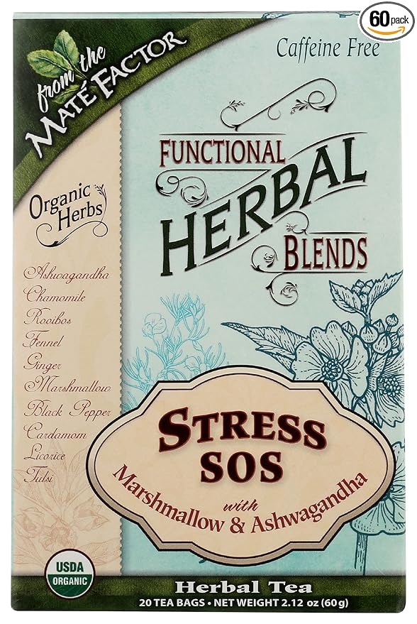 Mate Factor Functional Herbal Blend Stress SOS with Marshmallow &amp Ashwagandha Tea USDA Certified Organic Caffeine Free 20 Count (Pack of 6)