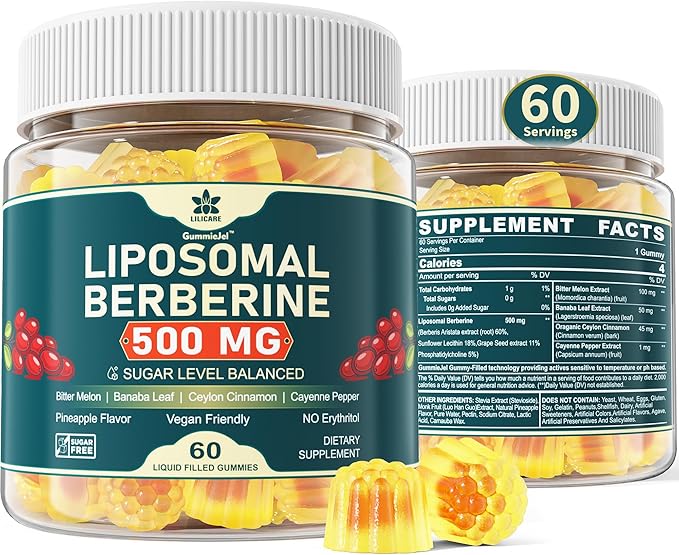 Berberine 500mg Supplement Once Daily Liposomal Gummies with Ceylon Cinnamon Bitter Melon Banaba Leaf for Metabolism Balanced AMPK Activator High Absorption Sugar Free Vegan 60 Cts