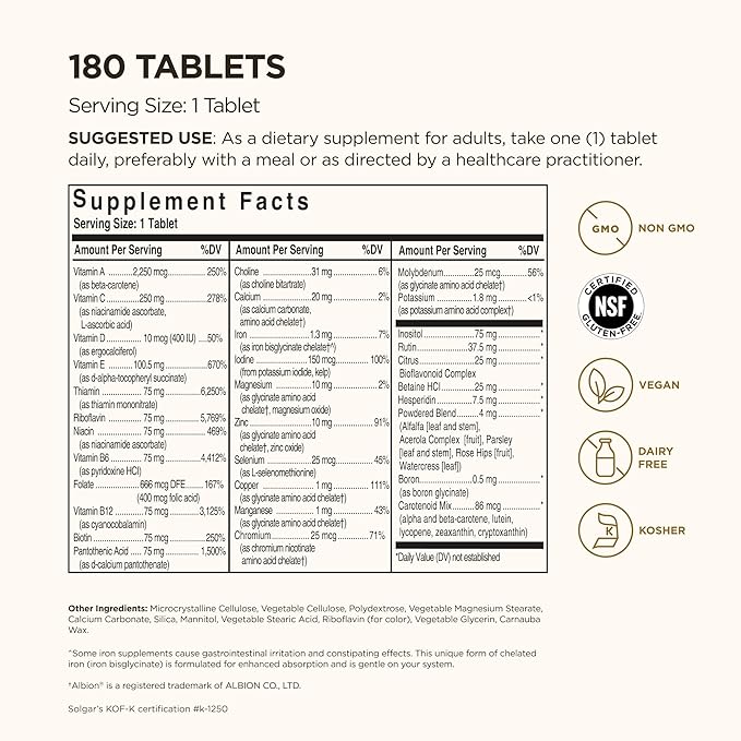 Solgar Formula VM-75 180 Tablets - Multivitamin with Chelated Minerals - Vitamin A B6 B12 C D E - Biotin Magnesium Calcium Iron Zinc - Vegan Gluten Free Dairy Free Kosher - 180 Servings