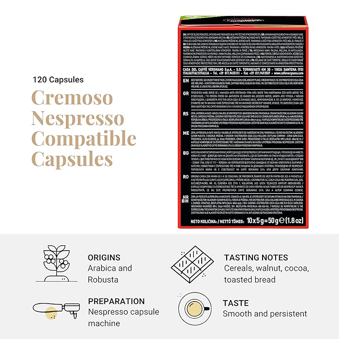 Caffe' Vergnano Medium Roast Espresso Original Line Machine Compatible Capsules - Arabica Robusta Espresso Coffee Italian Coffee Espresso For Nespresso Coffee Machine Intensity 6/10 - Cremoso120 Ct