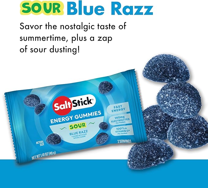 SaltStick Energy Gummies with Electrolytes Sour Blue Razz Easy to Chew Electrolyte Gummy Energy Chews that Taste Great. 10 Packs 80 Gummies