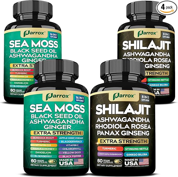Shilajit and Sea Moss Bundle Sea Moss 350mg Black Seed Oil 200mg Ashwagandha 100mg Turmeric Shilajit 300mg Rhodiola Rosea 100mg Panax Ginseng 50mg Dynamic Vitality Bundle (2 Pack)