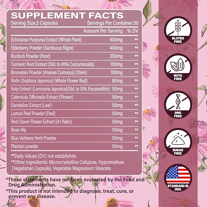 Lymphatic Drainage Supplement 1880 mg Lymphatic System Support Supplement with Echinacea Dandelion Turmeric Burdock Elderberry and Calendula Lymph Detox Cleanse &amp Immune Support 120 Capsul
