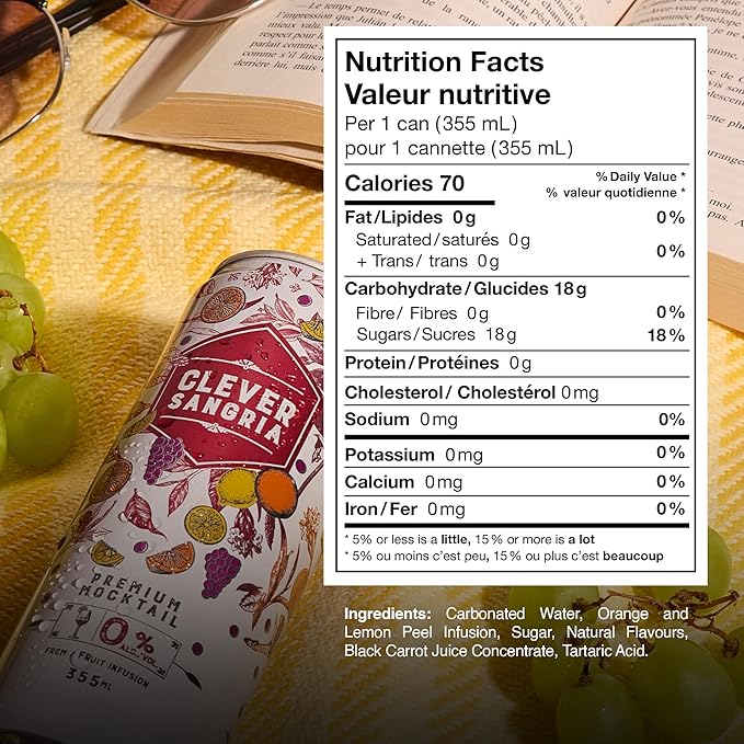 CLEVER - Sangria Nonalcoholic Mocktails for Any Occasion Refreshing Beverages with Citrus &amp Botanical Extracts Low-Calorie Mocktails Non-alcoholic Drinks with 70 Calories Pack of 12 (12 oz Ea)