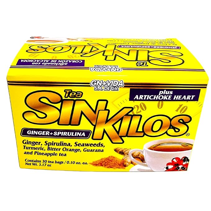 SinKilos Tea GN+Vida Cleansing Tea with Ginger Spirulina Turmeric Artichoke Orange and Pineapple Healthy Digestive Formula Caffeine Free All Natural Te Panza y Grasa Herbal | 2 Pack 60 Total