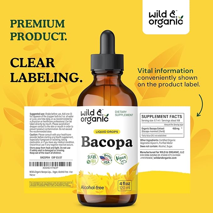 Wild &amp Organic Bacopa Liquid Drops - Herbal Tincture for Brain Support - Vegan Supplements with Bacopa Monnieri Extract Liquid - 5-Month Supply - Sugar &amp Alcohol-Free - 4 fl oz