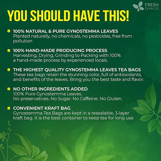 FreshDrinkUS Premium Gynostemma Tea Bags (Jiaogulan) | 135 Count | Naturally Smooth &amp Earthy Caffeine-Free Herbal Tea – Plant-Based Tea Bags for Daily Enjoyment. Caffeine Free Sugar Free. Vegan