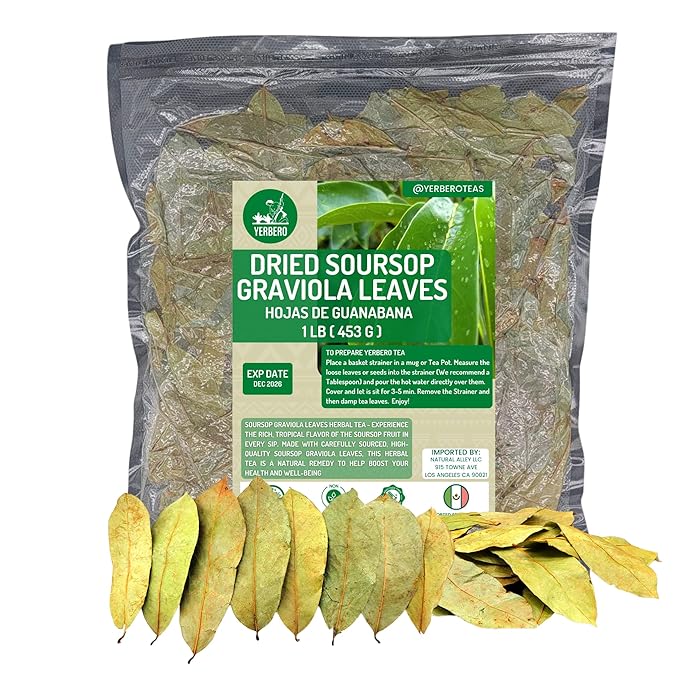Yerbero - Whole Wildcrafted Dried Graviola Soursop Leaves 1 LB (453g - 1300+ Leaves Per Bag) Hoja De Guanabana Seca Crafted By Nature | Vacuum Sealed for Freshness | From Mexico | Premium Quality.