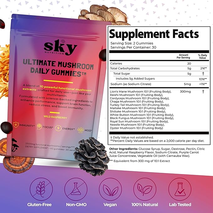 Mushroom Gummies - 10-in-1 Adaptogenic Mushroom Supplement for Adults - Lions Mane Reishi Cordyceps Chaga Turkey Tail - Raspberry Flavored Vegan Gummies for Focus &amp Energy - 60 Ct.