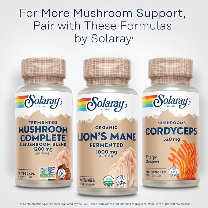 SOLARAY Organic Lions Mane Supplement Capsules - Providing 1000 mg of Lion's Mane Organic Mushrooms Fermented for Enhanced Absorption - Vegan 60-Day Guarantee Lab Verified 30 Servings 60 VegCaps