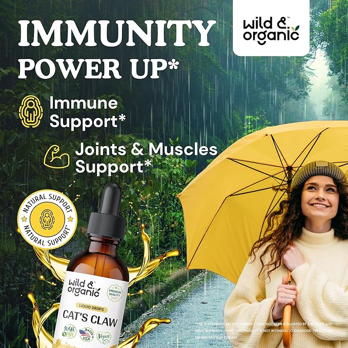 Wild &amp Organic Cats Claw Herb Supplement - Immune Support - Cats Claw Bark Tincture - Add to Tea Liquid Drops - Uncaria Tomentosa Extract - Vegan Sugar &amp Alcohol-Free - 2 fl oz