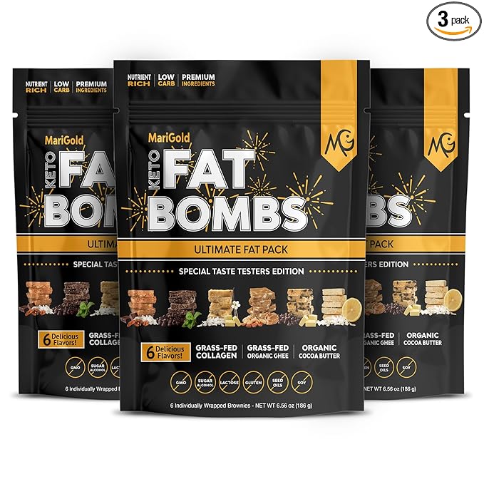 MariGold Keto Fat Bombs - 6 Flavor Sampler - 3 Pack - Collagen Protein Bars | Healthy Low-Carb Low-Sugar Snacks | Organic Ingredients Gluten-Free Non-GMO