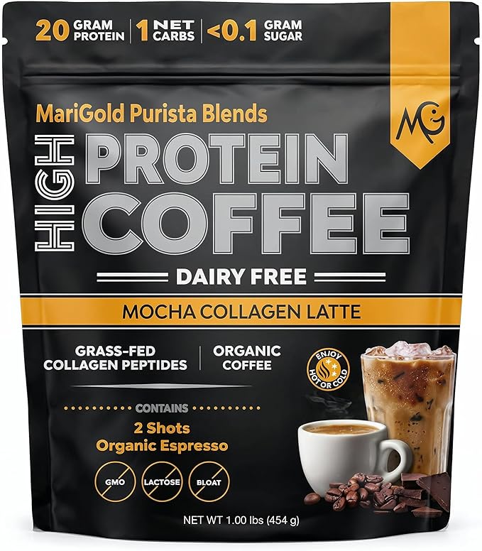 MariGold High Protein Collagen Coffee - Mocha Collagen Latte Dairy Free 20g Grass-Fed Type I &amp III Collagen Peptides Energy Boost 2 Shots Organic Espresso Non-GMO 1 Lb Bag 15 Servings