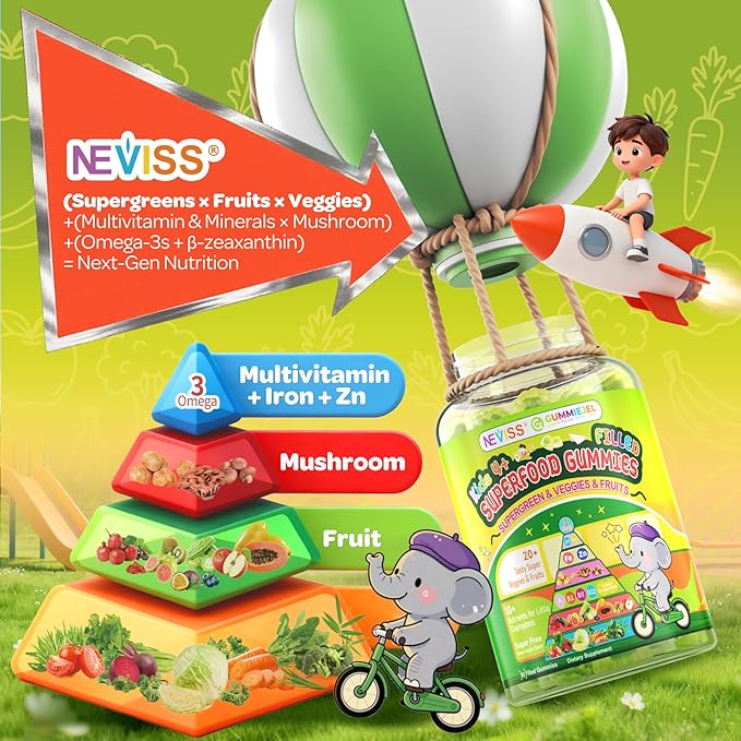 NEVISS Kids 4+ &amp Teens Super Greens 40-in-1 Gummies w/Multivitamin Omega3 Iron D3K2 Picky Eater Organic Super Fruits Veggies Superfood Gummy Mushroom Lutein | Immune Bone Brain Energy Sugar