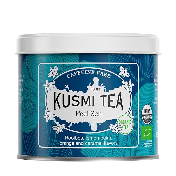 Kusmi Tea - Feel Zen - Organic Herbal Tea Blend of Rooibos with Notes of Apple Lemon Orange &amp Caramel - Caffeine Free Tea - Loose Leaf Tea - Tin Box of 3.5 oz - Quantity for about 50 cups