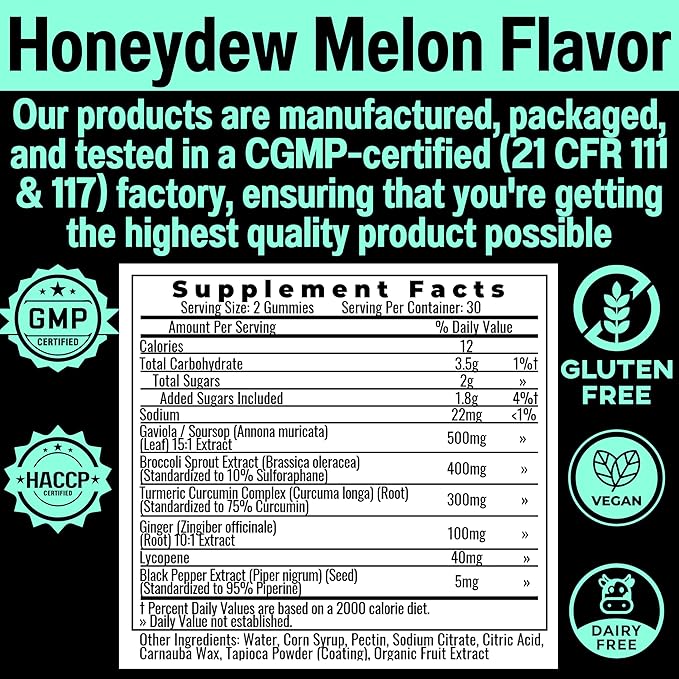 Soursop Graviola Curcumin Lycopene Broccoli Sprouts Sulforaphane Extract Gummies with Turmeric Curcumin Ginger Black Pepper Sour Sop Guyabano Leaf Supplement Chew Chewable Pills Capsules Supplements