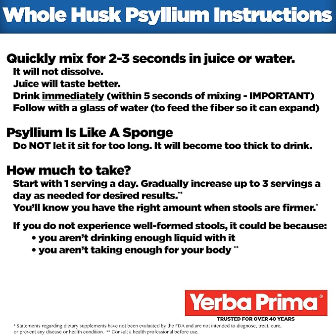Yerba Prima Psyllium Husk 12 Ounce (Pack of 2) - Colon Cleanser Fiber Supplement - Natural Support for Gut Health - Non GMO Gluten Free Vegan