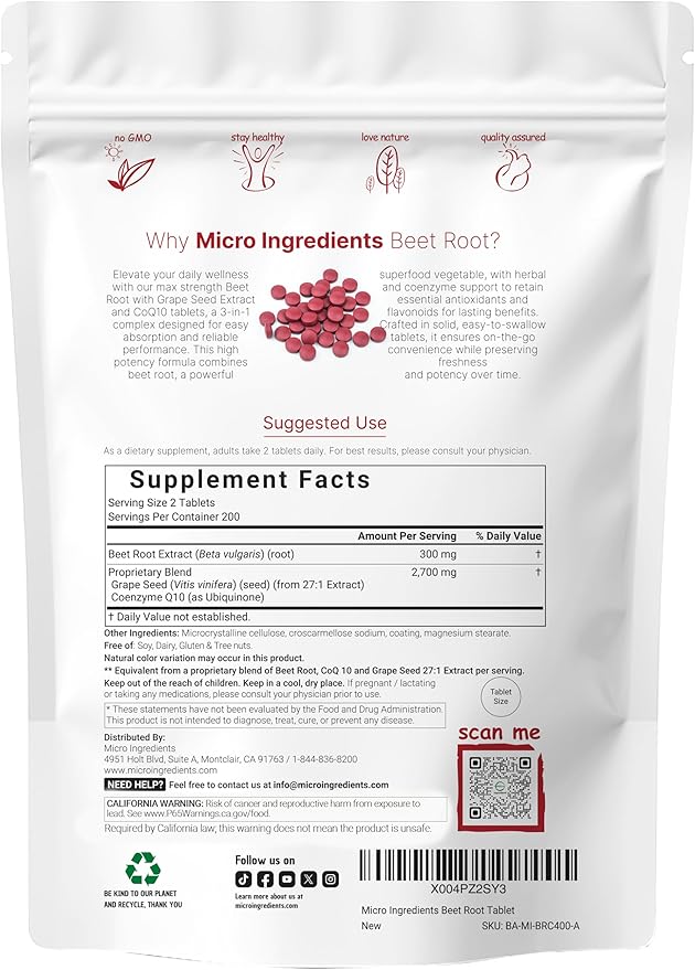 Micro Ingredients Beet Root 3000mg with Grape Seed Extract &amp CoQ10 400 Tablets | 200 Servings | Super Beets Supplements from Fresh Beetroot Extract