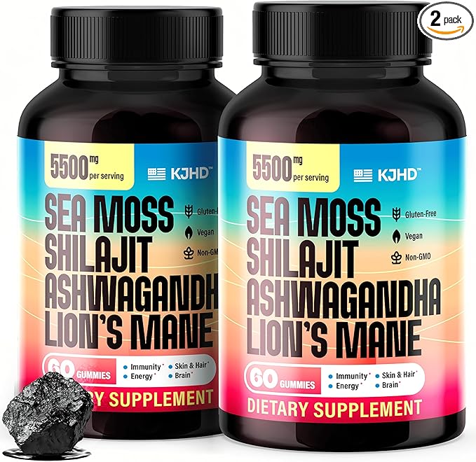 KJHD 2 Pcs Shilajit Ashwagandha Gummies with Sea Moss Beet Root Lion’s Mane Mushroom &amp Black Seed Oil – Organic Herbal Superfood Supplement – 120 Vegan Gummies