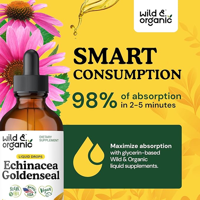 Wild &amp Organic Echinacea Goldenseal Tincture - Immune Support Drops with Echinacea and Goldenseal Root Extract - Vegan Sugar &amp Alcohol-Free Liquid Supplement - 4 fl oz
