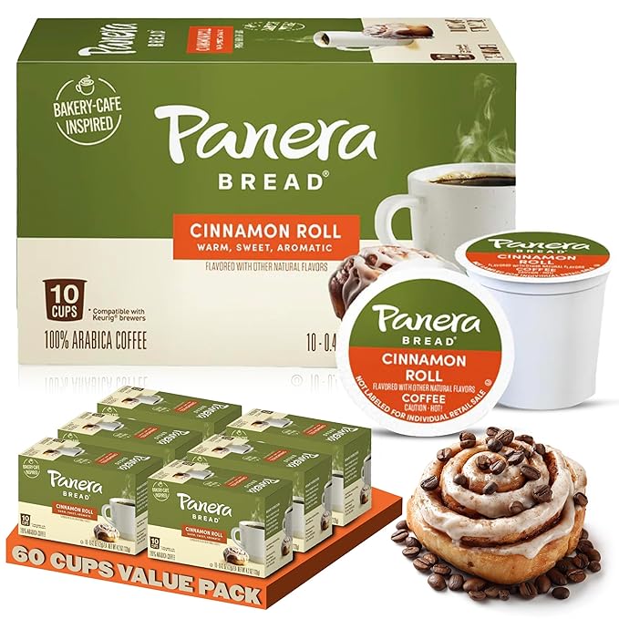 Panera Bread Cinnamon Roll Coffee Cups - Medium Roast Single Serve Pods 100% Arabica No Artificial Flavors Bakery-Cafe Inspired Keurig Compatible 60 Single Serve Pods (6 Packs of 10)