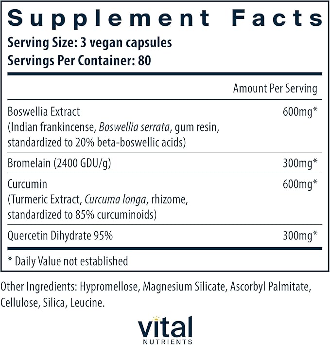Vital Nutrients BCQ - Vegan Boswellia Bromelain Curcumin &amp Quercetin Supplement - Joint Support Supplement - Supports Sinus &amp Digestive Health - Gluten Dairy Soy Free - 240 Capsules