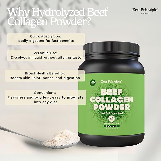 Zen Principle Grass-Fed Agglomerated Hydrolyzed Collagen Peptides 1.5 lb. Anti-Aging Protein Powder for Healthy Hair Skin Joints. Paleo Friendly GMO and Gluten Free Pasture-Raised Bovine.