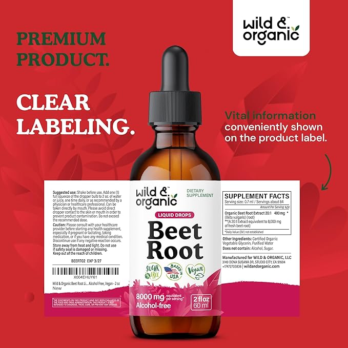 Wild &amp Organic Beet Root Tincture - 8000 mg Fresh Beetroot Extract Equivalent - Liquid Beet Root Supplements for Men &amp Women - 400 mg per Serving - Vegan Alcohol &amp Sugar-Free - 2 fl oz