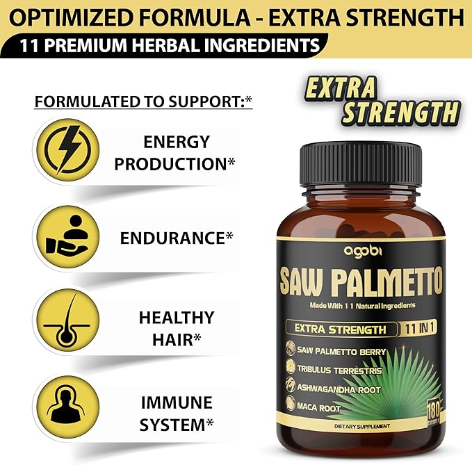 11in1 Saw Palmetto Capsules with Ashwagandha Turmeric Tribulus Maca Green Tea Ginger Holy Basil &amp More - Healthy Prostate &amp Hair Support - 180 Count 6-Month Supply