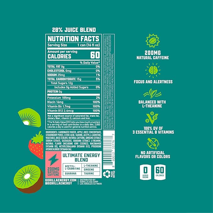 Gorilla Energy Drink Kiwi Strawberry 200mg Natural Caffeine Real Fruit Juice Squeezed &amp Concentrated L-Theanine Taurine Ginseng Acetyl L-Carnitine No Added Sugar and No Artificial Colors