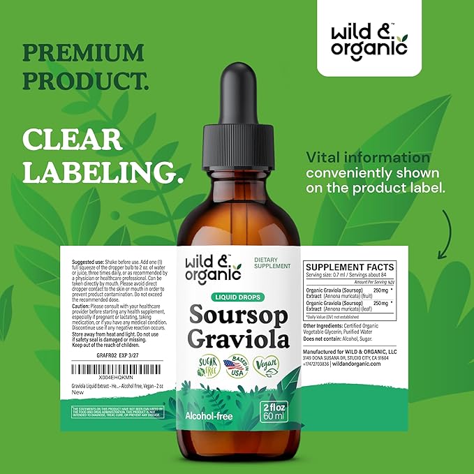Wild &amp Organic Soursop Graviola Liquid Drops - Antioxidant &amp Digestive Support - Alcohol-Free Soursop Extract - Sugar-Free Guanabana Leaves Tincture - Vegan Graviola Leaf Extract Supplement -
