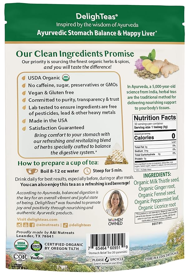 DelighTeas Ayurvedic Herbal Stomach &amp Liver Tea Bags | Eco-Friendly Compostable Pyramids | Organic Milk Thistle Fennel Ginger Peppermint &amp Licorice | Caffeine-Free Kosher | 30 Tea Bags 4g