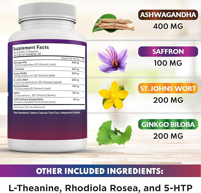 NEW AGE Saffron Supplements with Ashwagandha - Support with L-Theanine Ginkgo Biloba St. John's Wort Rhodiola Rosea &amp 5-HTP - Saffron 120 Count