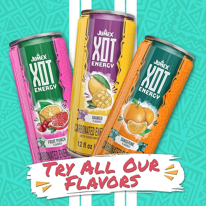 Jumex XOT Energy Drink - Tangerine - Natural Caffeine from Mexican Coffee Beans - Carbonated Preworkout with Vitamin B2 B3 B5 B12 - Mexican Drinks - Bebidas Energéticas - 12 Fl oz 12 Pack Cans