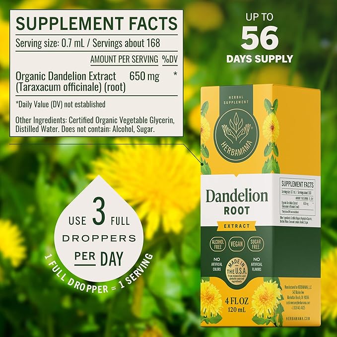 HERBAMAMA Dandelion Drops - Vegan Liver Cleanse with Dandelion Root Extract - Non-GMO Alcohol &amp Sugar-Free Liquid Liver Support Supplement - 56-Day Supply